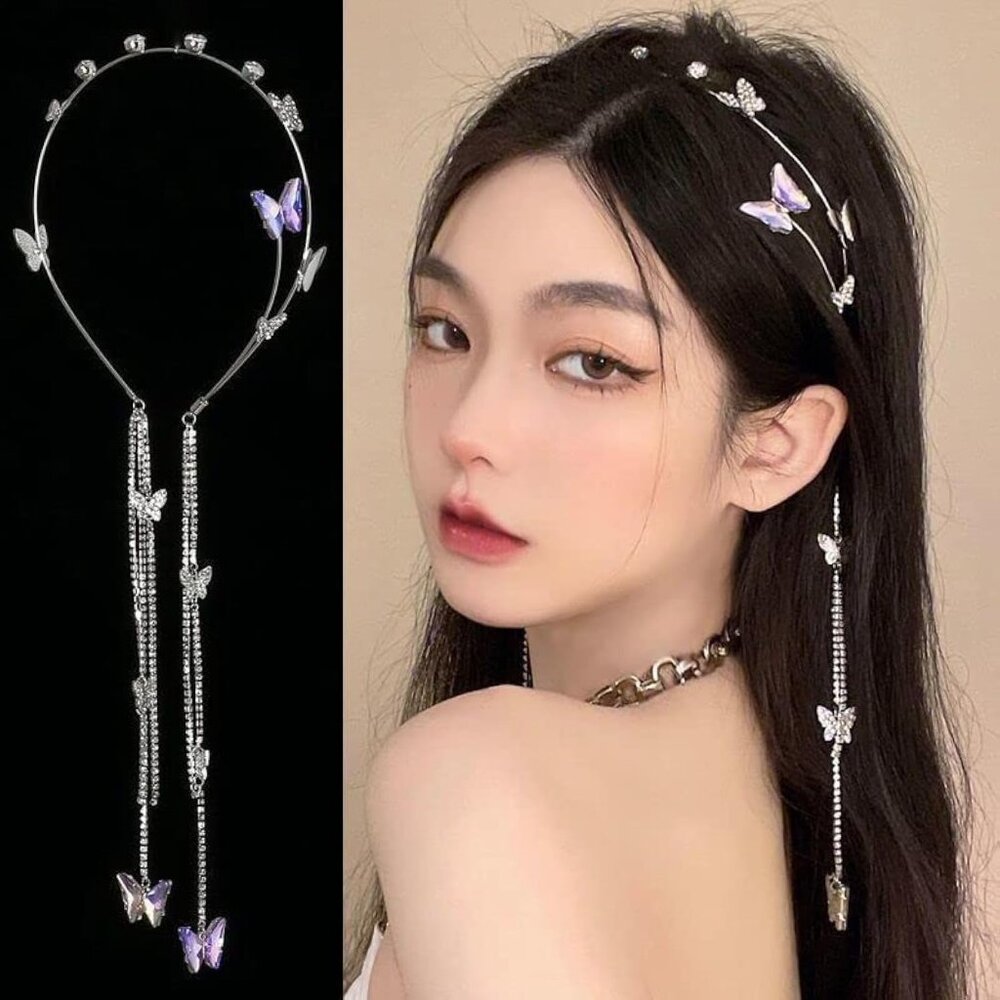 Wedding Butterfly Headband Head Chain Silver Tassel Hair Hoop Band Hair Vine Vin